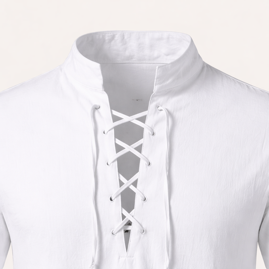 Men’s Short Sleeve Lace-Up Shirt – Cotton Linen Blend