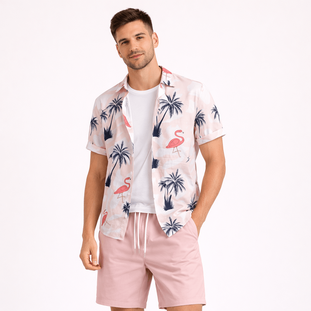 Men’s 2 Piece Summer Outfit – Printed Shirt and Shorts