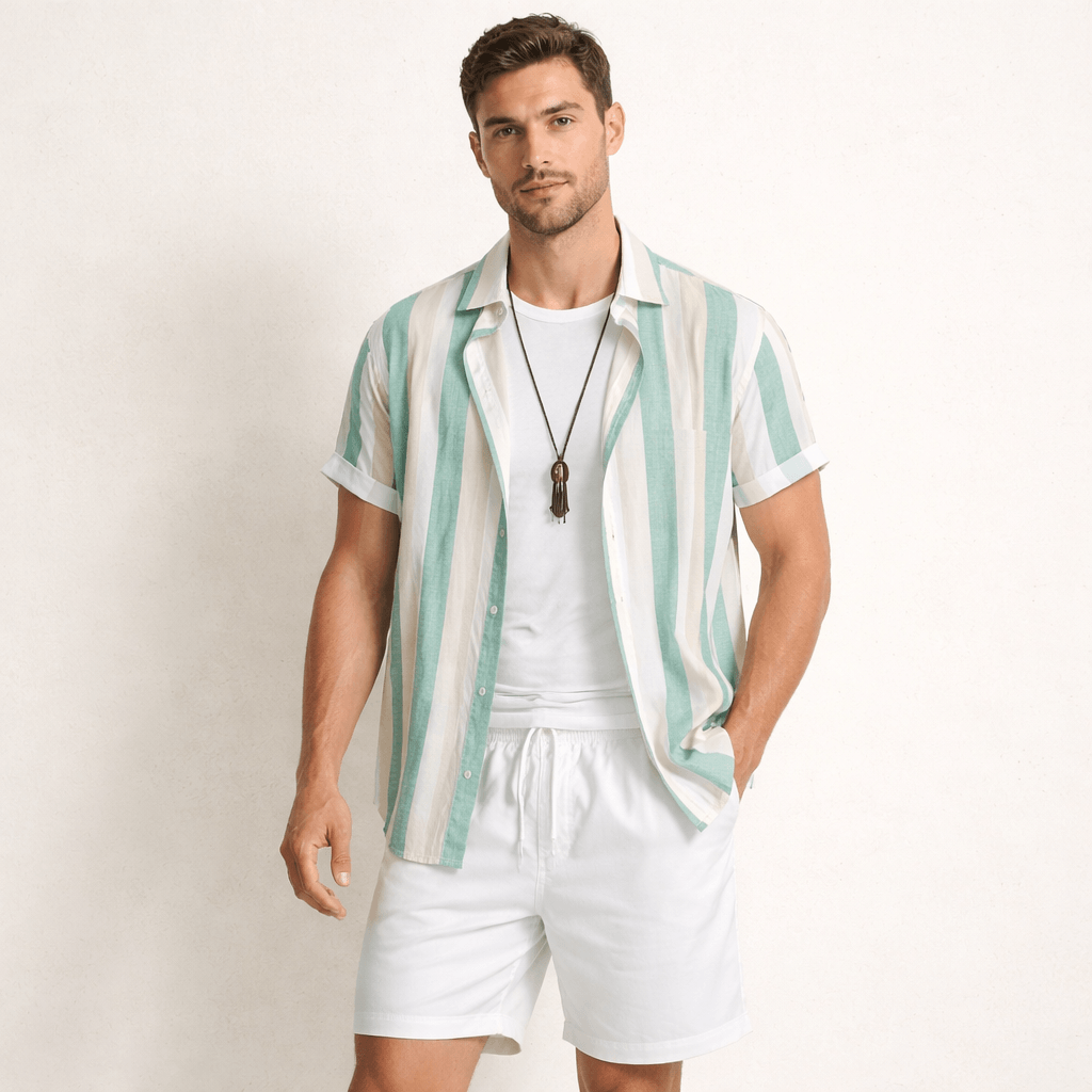 Men’s 2 Piece Summer Outfit – Striped Shirt and Shorts