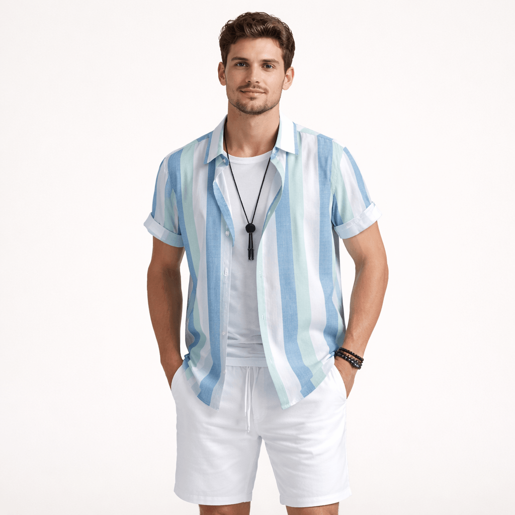 Men’s 2 Piece Summer Outfit – Blue Striped Shirt and Shorts