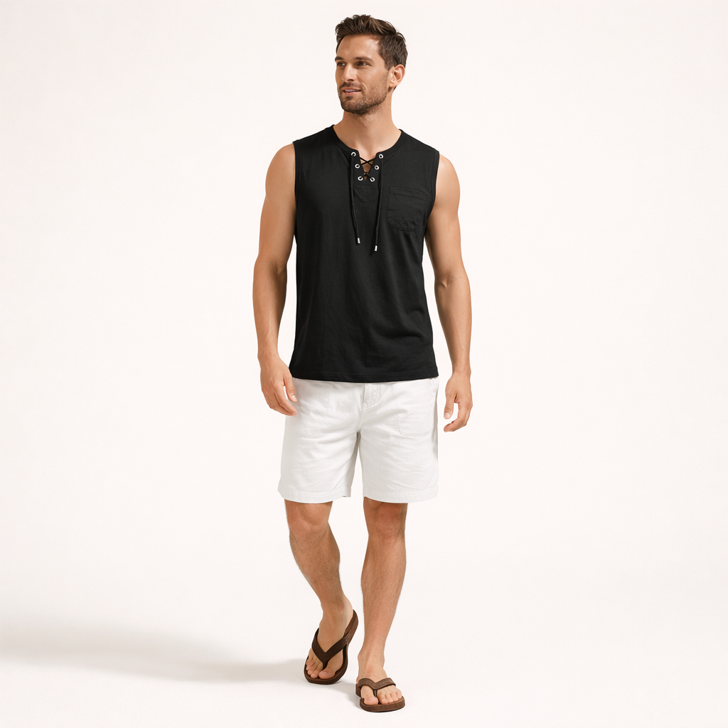 Men’s Sleeveless Casual Shirt with Lace-Up Neck