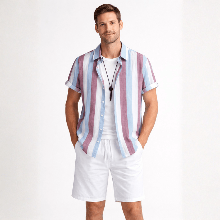 Men’s 2 Piece Summer Outfit – Multi Stripe Shirt and Shorts