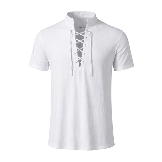 Men’s Short Sleeve Lace-Up Shirt – Cotton Linen Blend