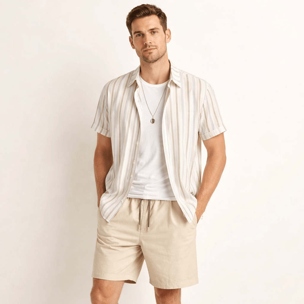 Men’s 2 Piece Summer Outfit – Neutral Striped Shirt and Shorts