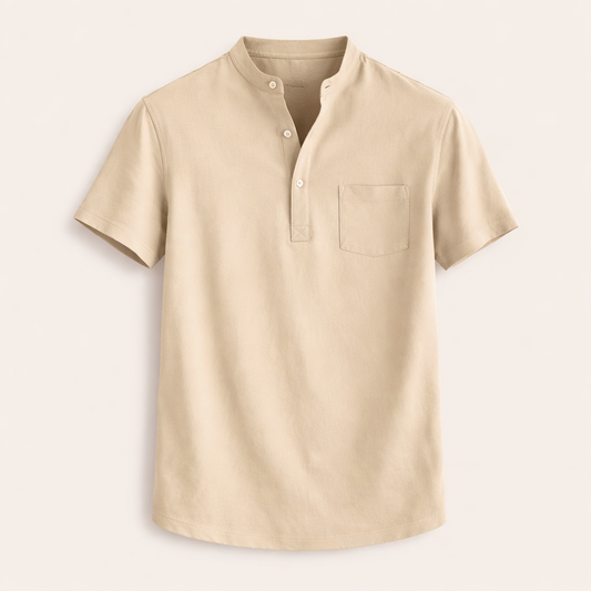 Men’s Cotton Short Sleeve Henley Shirt – Sand Beige
