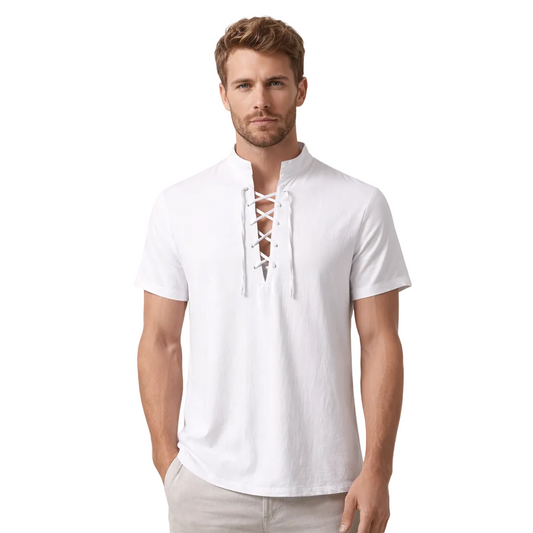 Men’s Short Sleeve Lace-Up Shirt – Cotton Linen Blend