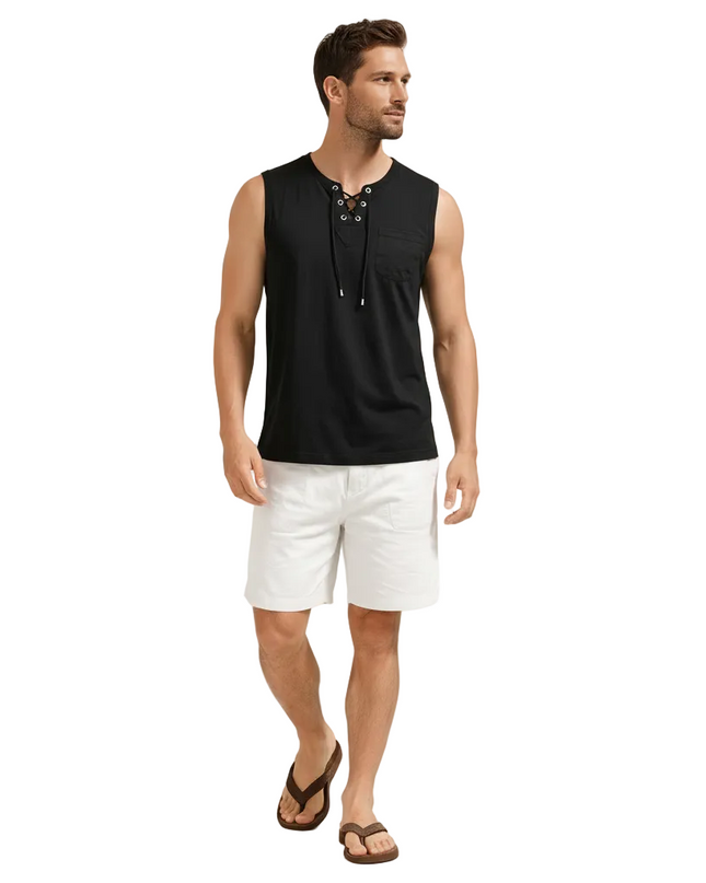 Men’s Sleeveless Top with Lace-Up Neck and Chest Pocket