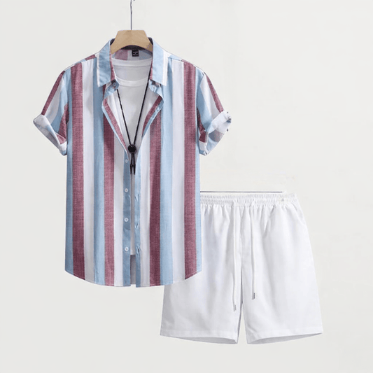 Men’s 2 Piece Summer Outfit – Multi Stripe Shirt and Shorts