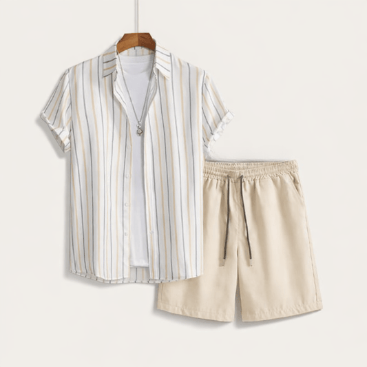 Men’s 2 Piece Summer Outfit – Neutral Striped Shirt and Shorts