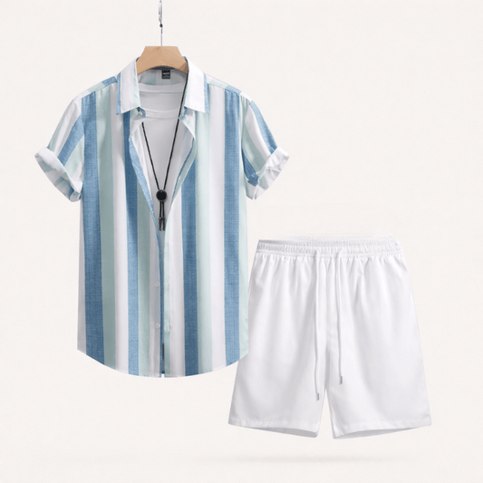 Men’s 2 Piece Summer Outfit – Blue Striped Shirt and Shorts