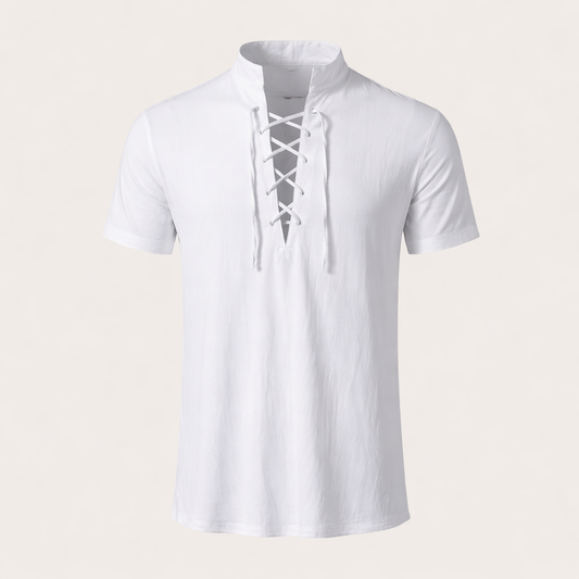 Men’s Short Sleeve Lace-Up Shirt – Cotton Linen Blend
