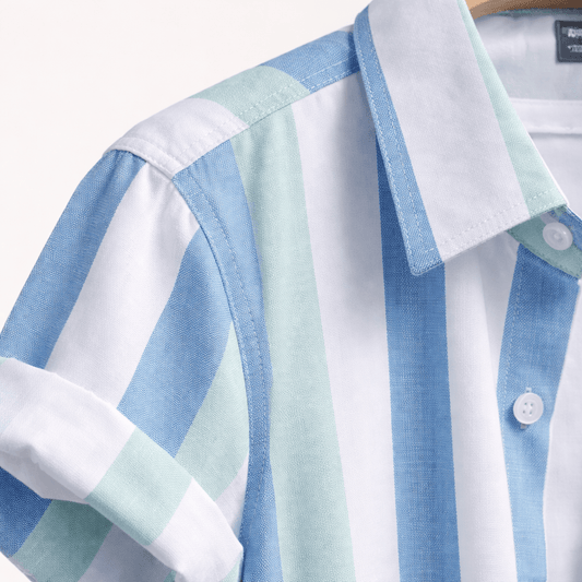 Men’s 2 Piece Summer Outfit – Blue Striped Shirt and Shorts