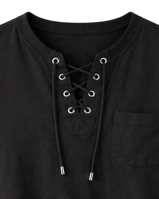 Men’s Sleeveless Top with Lace-Up Neck and Chest Pocket