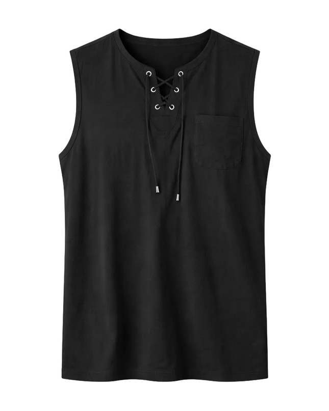 Men’s Sleeveless Top with Lace-Up Neck and Chest Pocket