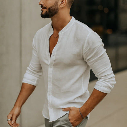 Jarle | Band Collar Linen Long Sleeve Shirt