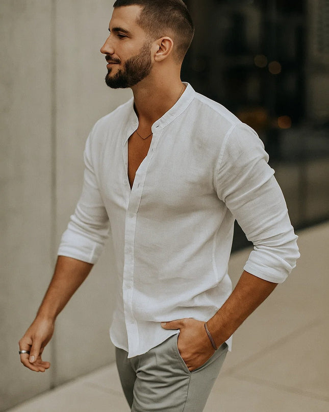 Jarle | Band Collar Linen Long Sleeve Shirt
