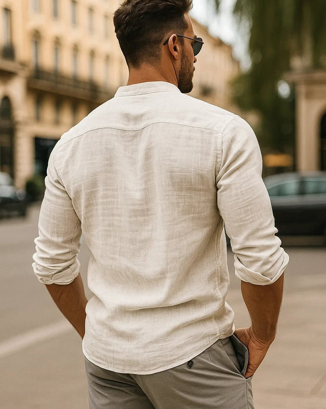 Jarle | Band Collar Linen Long Sleeve Shirt