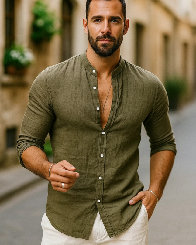 Jarle | Band Collar Linen Long Sleeve Shirt