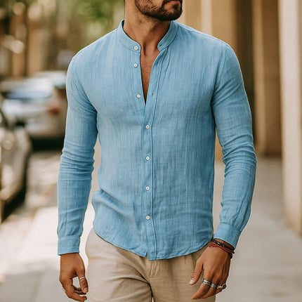 Jarle | Band Collar Linen Long Sleeve Shirt