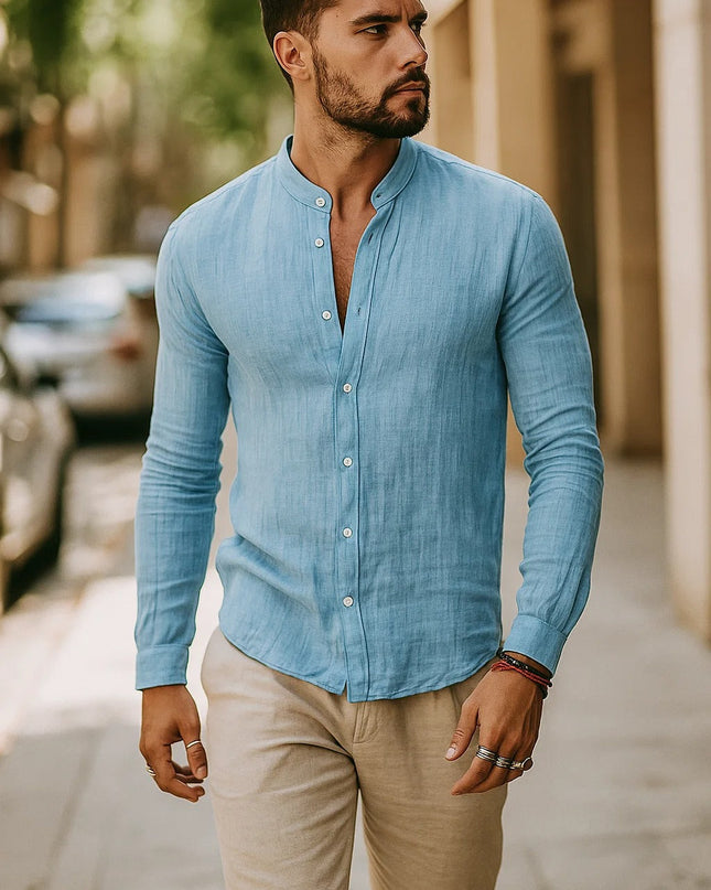 Jarle | Band Collar Linen Long Sleeve Shirt