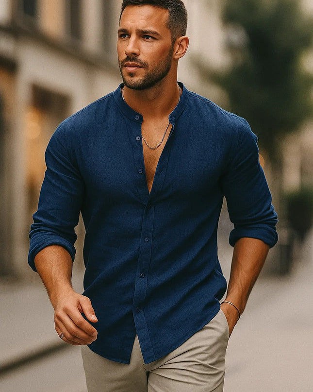 Jarle | Band Collar Linen Long Sleeve Shirt