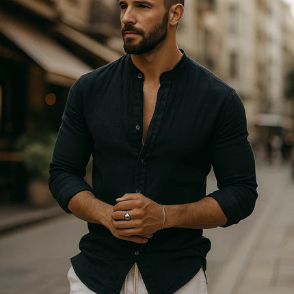Jarle | Band Collar Linen Long Sleeve Shirt