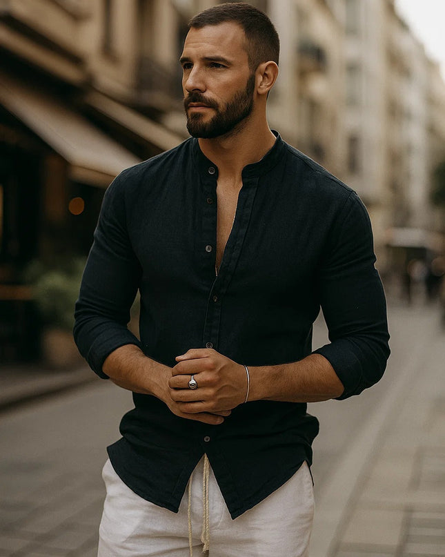Jarle | Band Collar Linen Long Sleeve Shirt