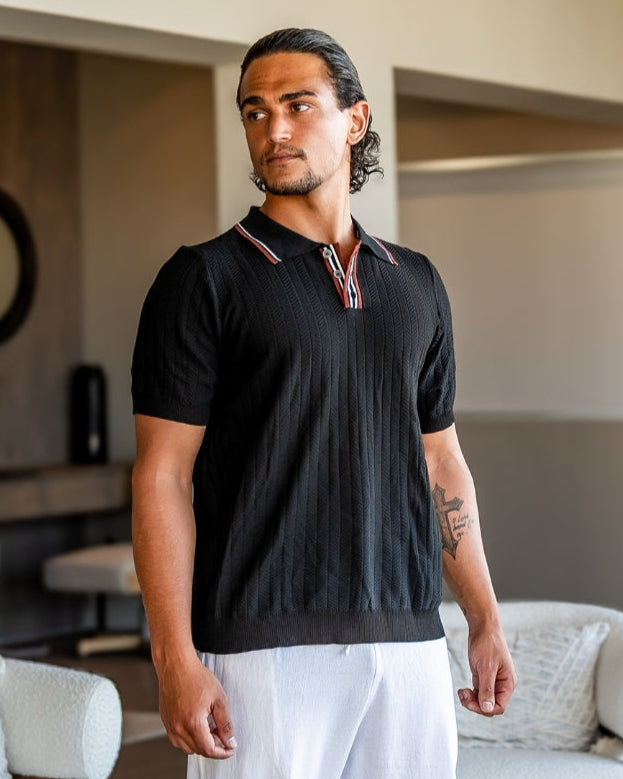 Men’s Ribbed Short Sleeve Zip Polo Shirt