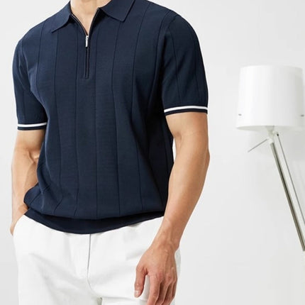 Men’s Ribbed Short Sleeve Zip Polo Shirt With Tipped Cuffs