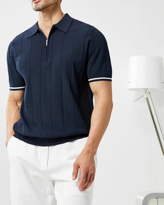 Men’s Ribbed Short Sleeve Zip Polo Shirt With Tipped Cuffs