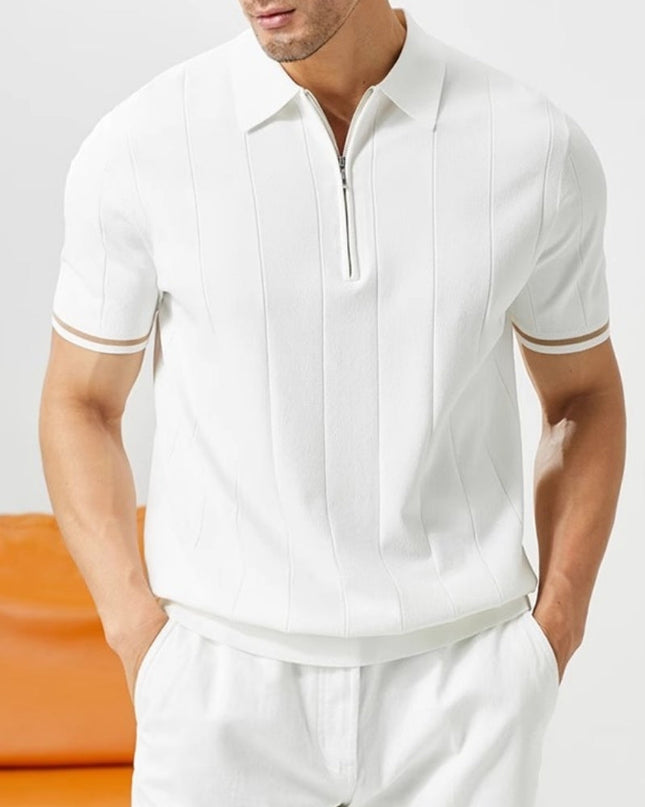 Men’s Ribbed Short Sleeve Zip Polo Shirt With Tipped Cuffs