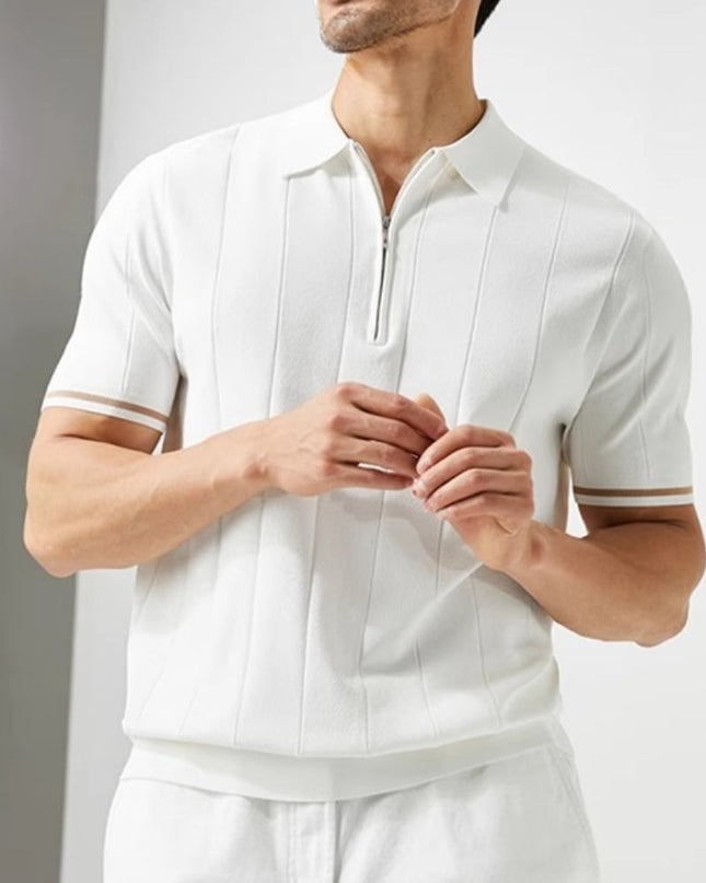 Men’s Ribbed Short Sleeve Zip Polo Shirt With Tipped Cuffs