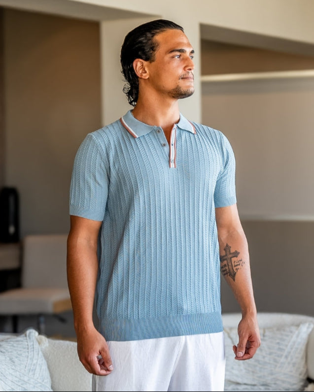 Men’s Ribbed Short Sleeve Zip Polo Shirt