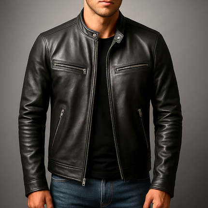 Men's Café Racer Leather Jacket – Tailored Stand Collar Design