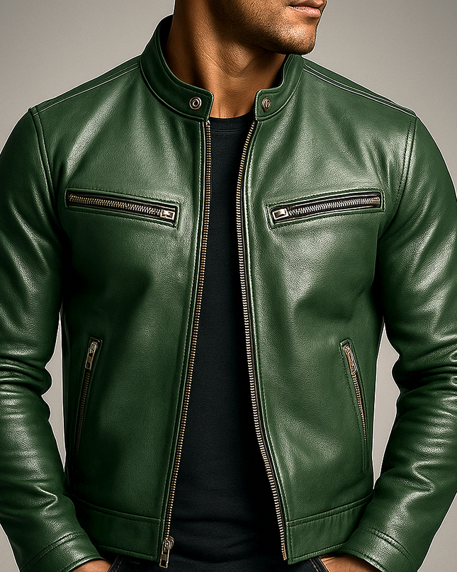 Men's Café Racer Leather Jacket – Tailored Stand Collar Design