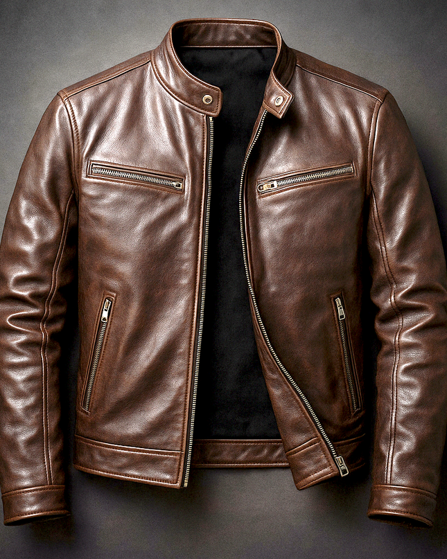 Men's Café Racer Leather Jacket – Tailored Stand Collar Design