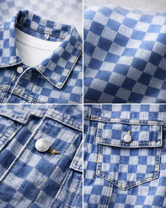 Men's Denim Jacket – Check Pattern Classic Trucker Style
