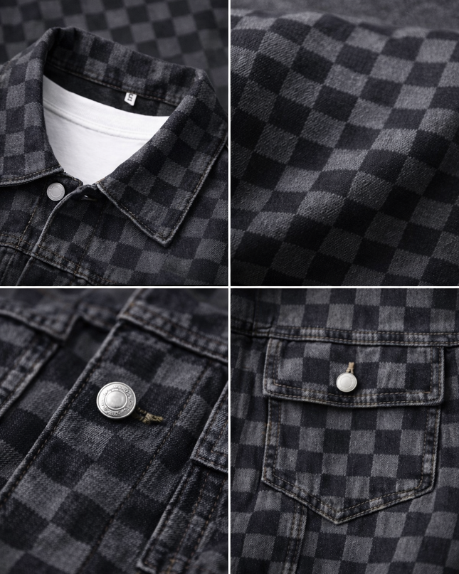 Men's Denim Jacket – Check Pattern Classic Trucker Style