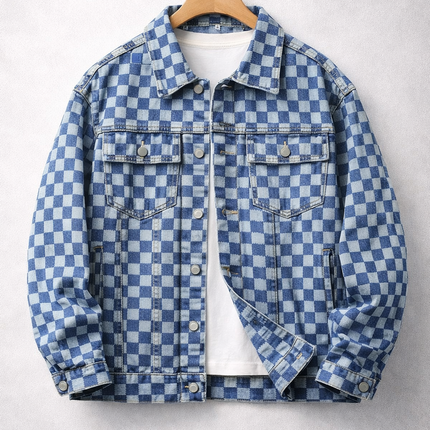 Men's Denim Jacket – Check Pattern Classic Trucker Style