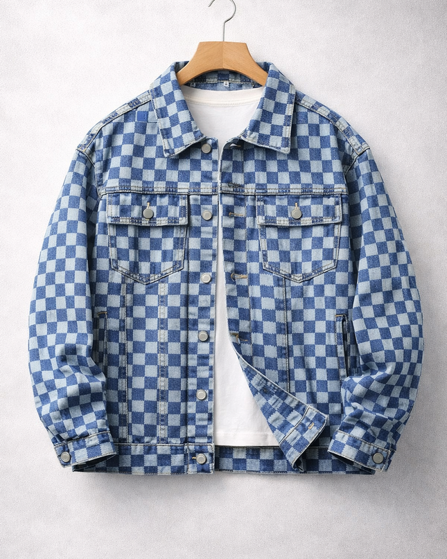 Men's Denim Jacket – Check Pattern Classic Trucker Style