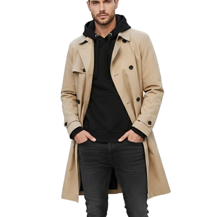 Men's Double-Breasted Trench Coat – Tailored Belted Smart Layer