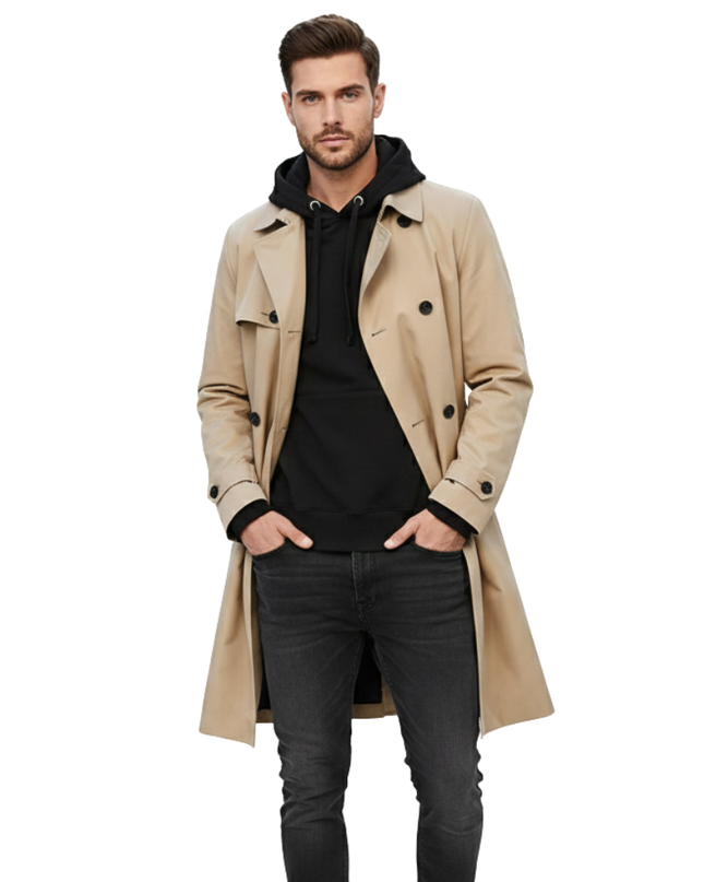 Men's Double-Breasted Trench Coat – Tailored Belted Smart Layer