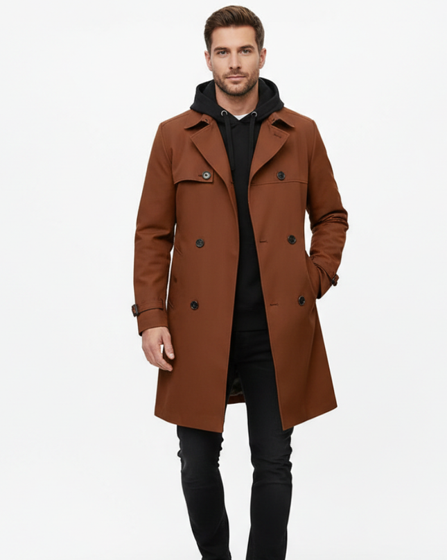 Men's Double-Breasted Trench Coat – Tailored Belted Smart Layer
