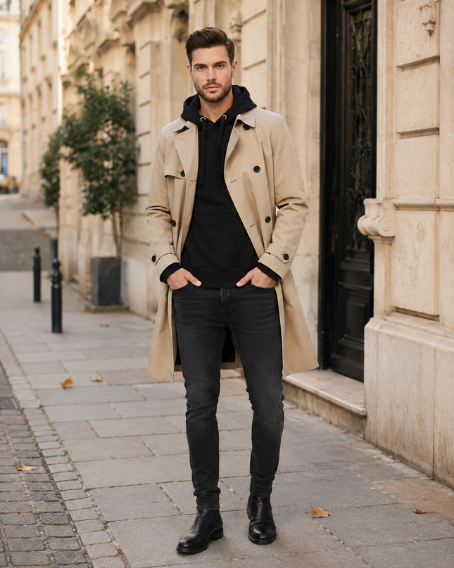Men's Double-Breasted Trench Coat – Tailored Belted Smart Layer
