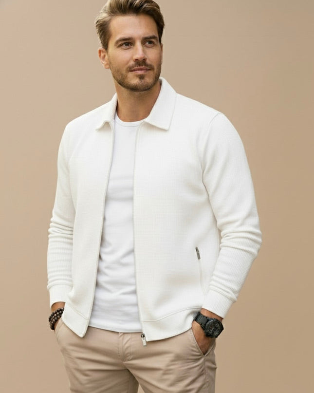 Men's Full Zip Cardigan – Stand Collar Fine Knit Layer