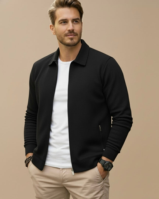 Men's Full Zip Cardigan – Stand Collar Fine Knit Layer