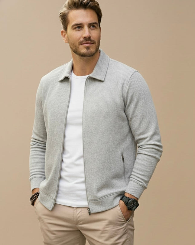 Men's Full Zip Cardigan – Stand Collar Fine Knit Layer