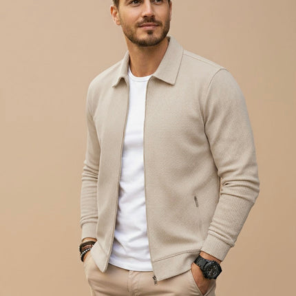 Men's Full Zip Cardigan – Stand Collar Fine Knit Layer