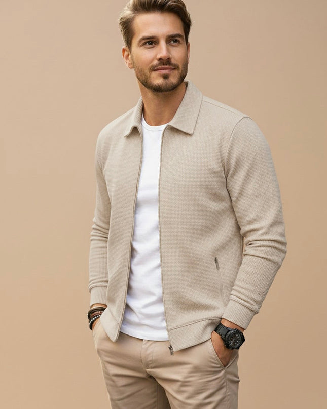 Men's Full Zip Cardigan – Stand Collar Fine Knit Layer
