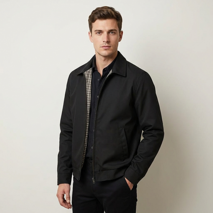 Men's Harrington Jacket with Checked Lining & Zip Fastening